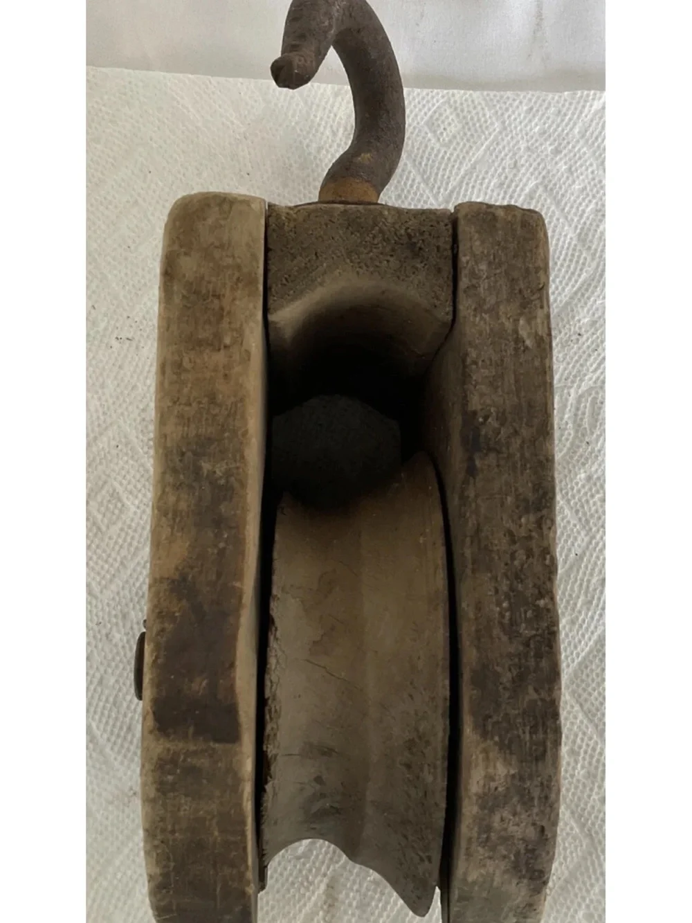 Vintage Wooden Barn Pully Wood Wheel W/ Iron Hook Great Display